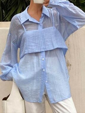 Light Blue Sheer Pinstripe Button-Down Top with Layered Bib